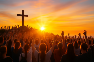 Silhouette of a large crowd worshiping at the foot of a cross during a bright sunset, symbolizing faith, eternity, and hope in Christ.