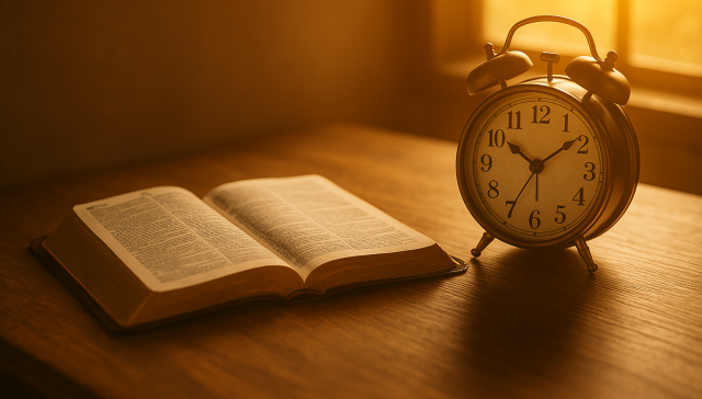 Open Bible and clock on a table, symbolizing redeeming the time by living each day with eternal purpose.