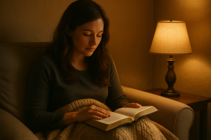 Woman reading the Bible by lamp light, symbolizing practical ways to redeem the time through daily Scripture and prayer.