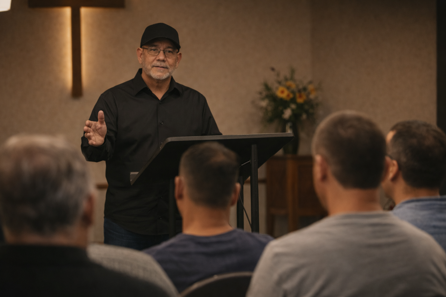 John Aguirre speaking to a men’s Bible study group at a church
