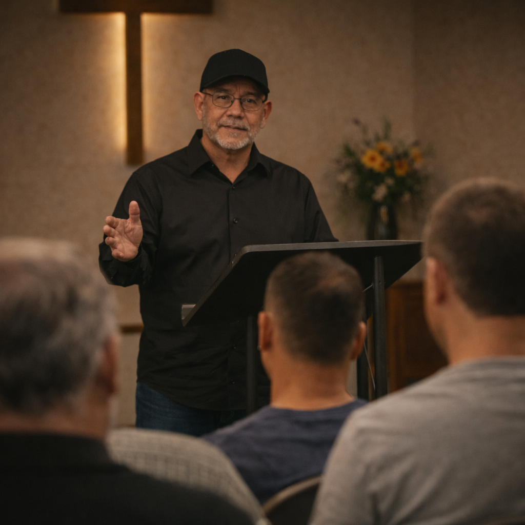 John Aguirre speaking to a men’s Bible study group at a church