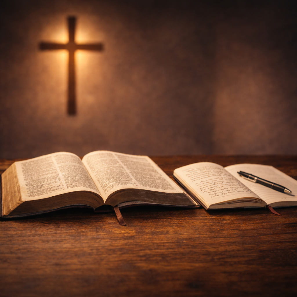 Open Bible and handwritten notebook representing the Christ-centered writing ministry of Written For His Glory