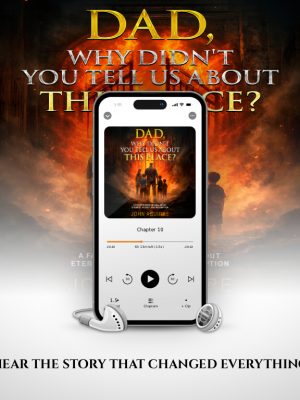 Audiobook mockup of Dad, Why Didn’t You Tell Us About This Place? by John Aguirre playing on a smartphone with earbuds, set against a dramatic fire-lit background.