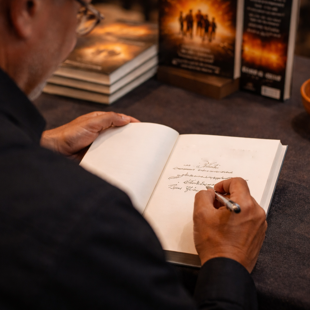 Over-the-shoulder view of a man in a black shirt writing a personal message inside a Christian book at a warmly lit table.