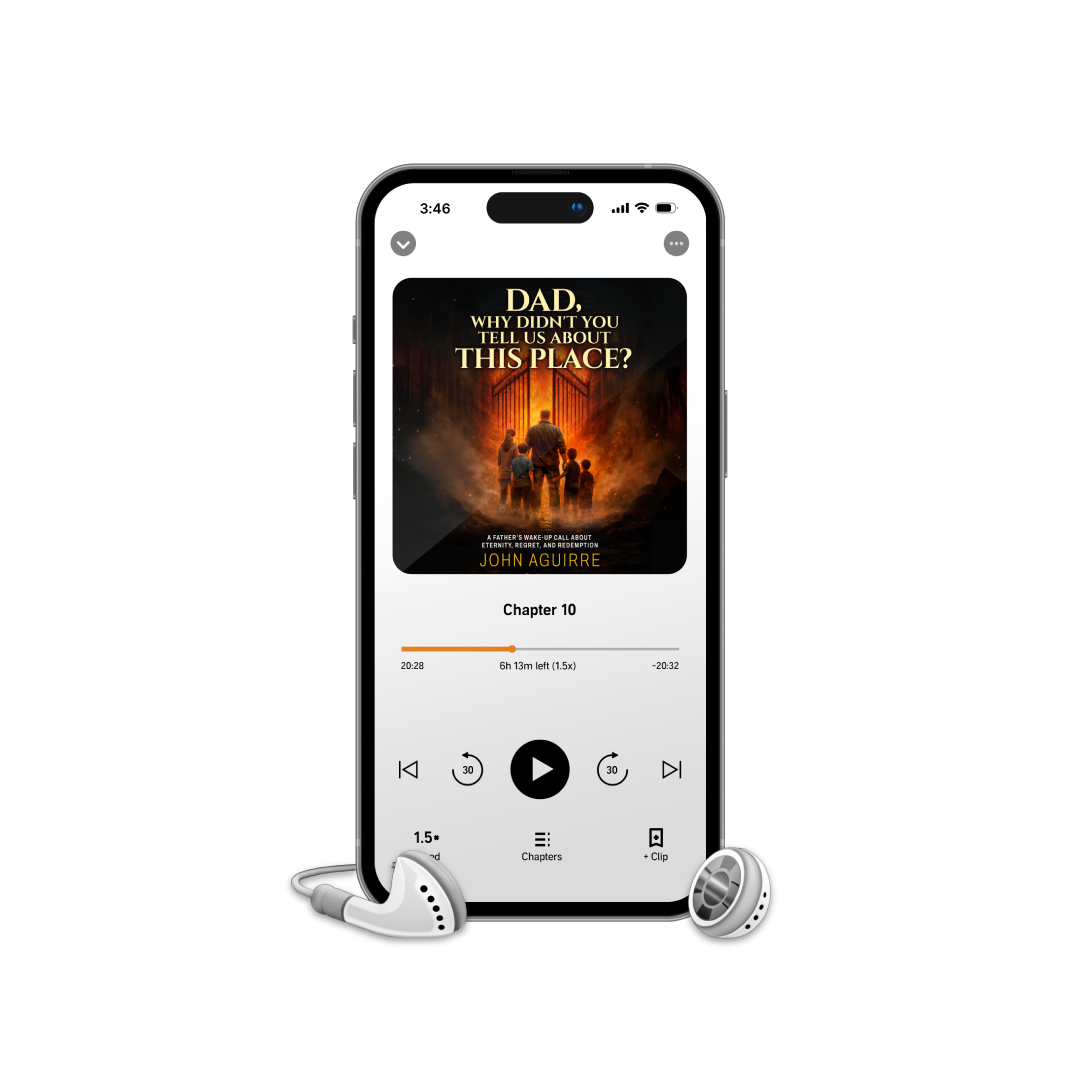 Christian audiobook playing on smartphone for Dad Why Didn’t You Tell Us About This Place by John Aguirre