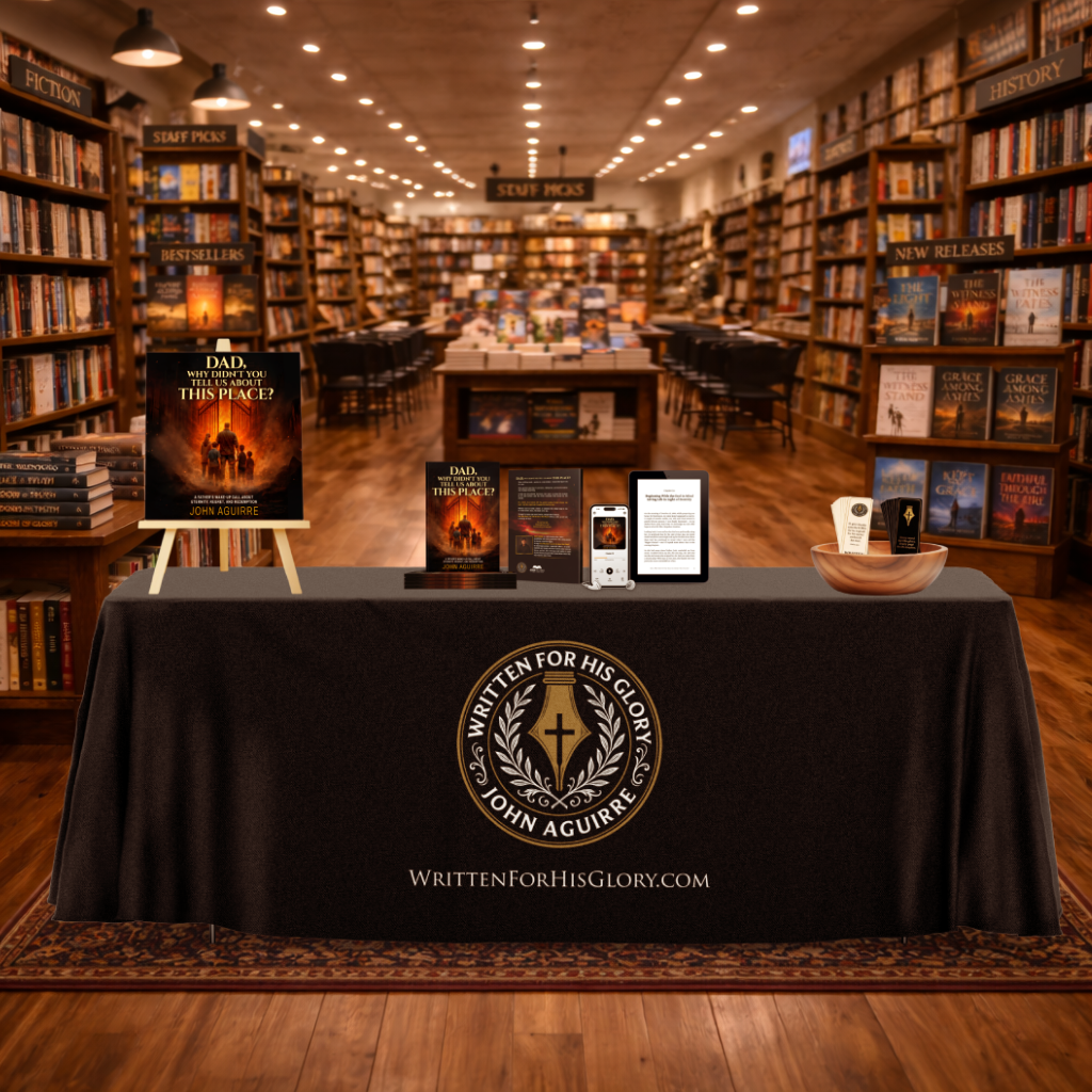 Book signing table display for “Dad, Why Didn’t You Tell Us About This Place?” by John Aguirre inside a bookstore with promotional materials and digital formats