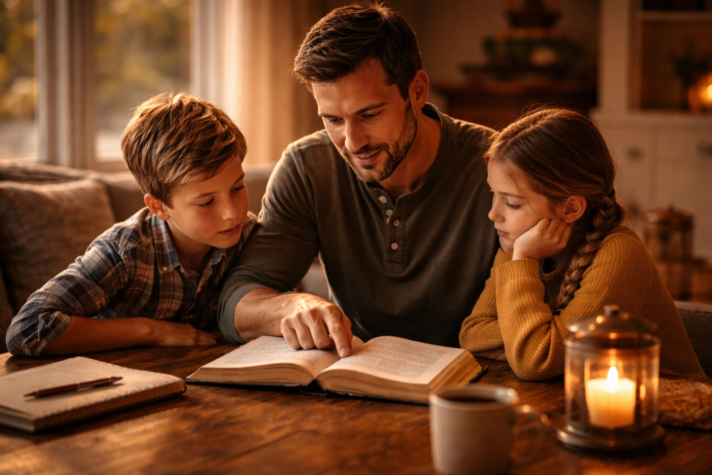 Father teaching his children from the Bible in warm evening light