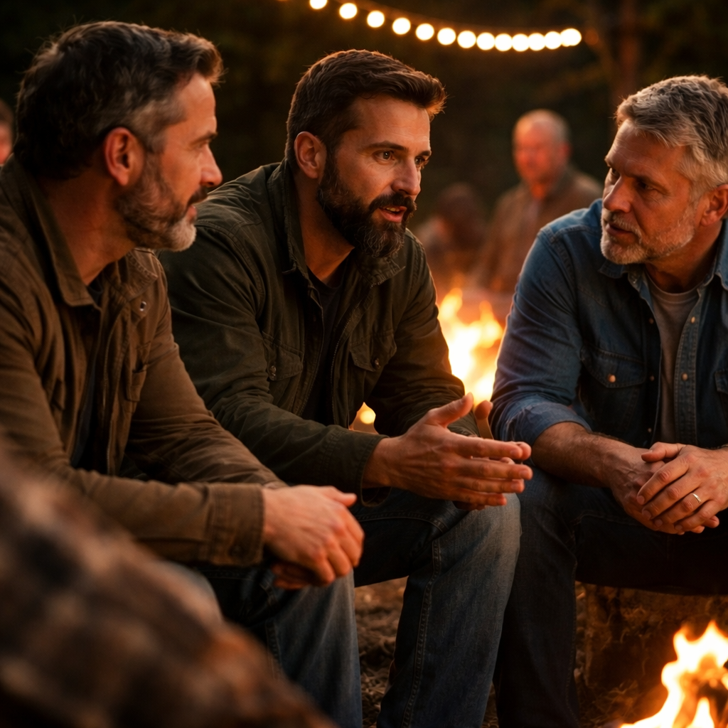 Men gathered around a campfire having a meaningful conversation about faith and life