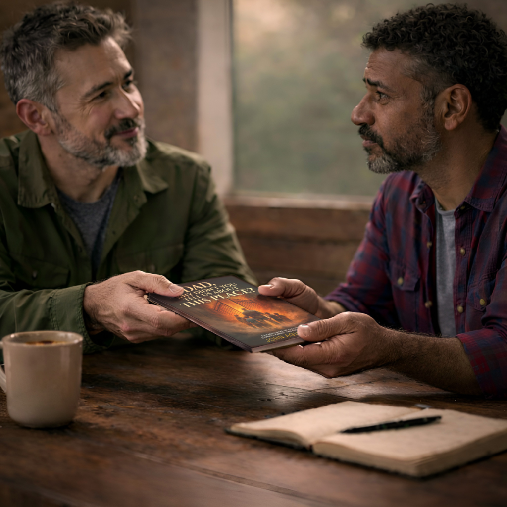 Two men sitting at a table as one hands the other a Christian book about eternity during a meaningful conversation.
