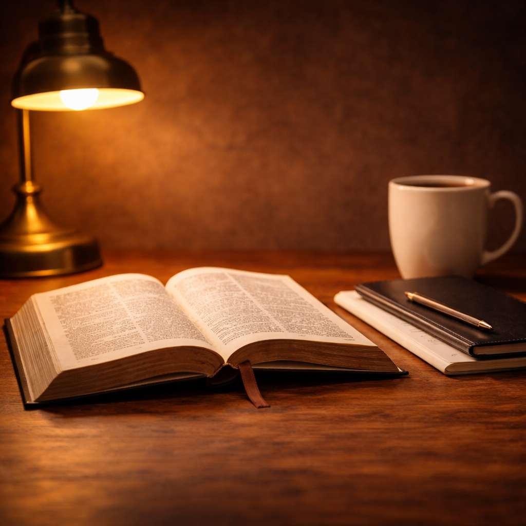 Open Bible on a wooden desk beside a notebook, pen, and coffee mug under warm light